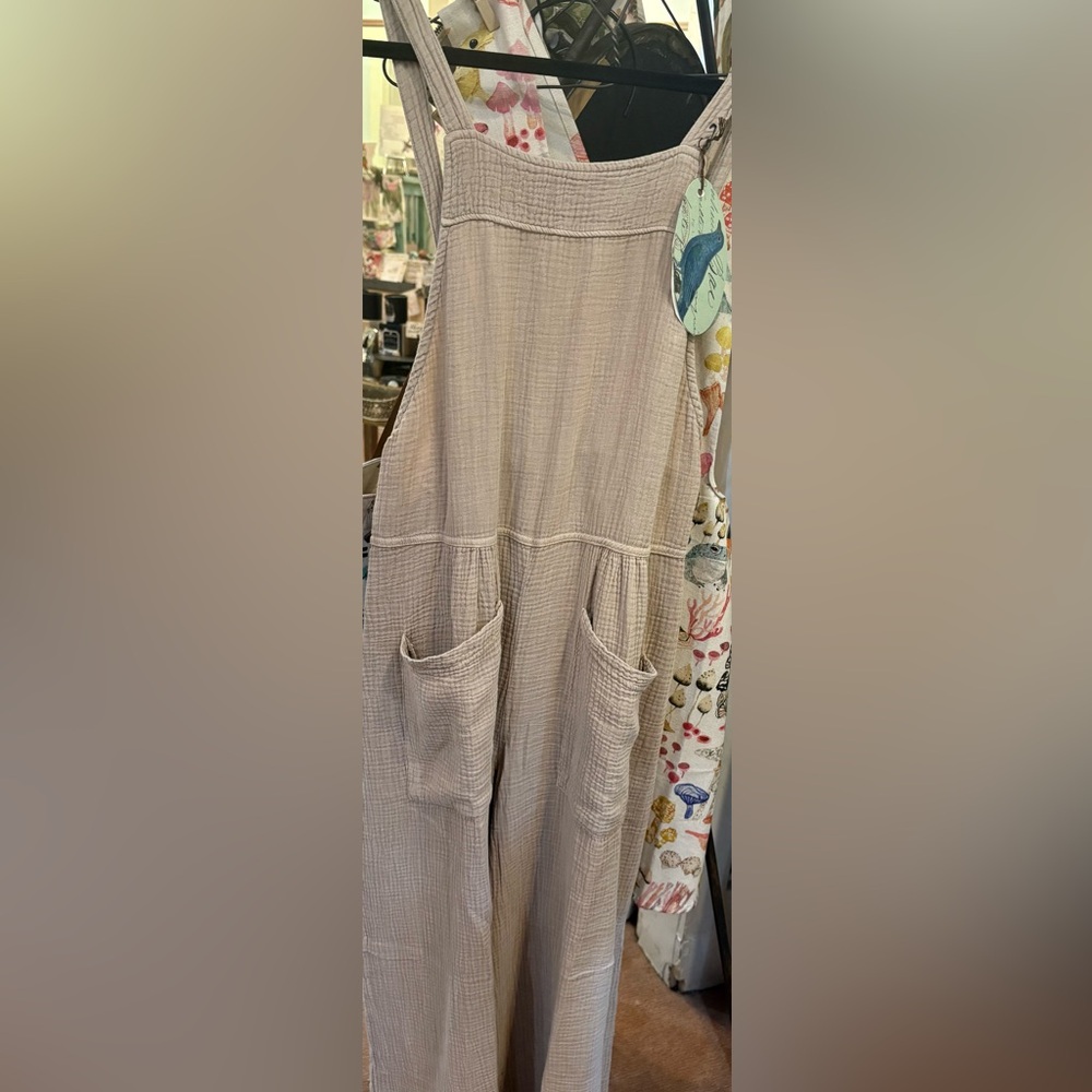 Beige Textured Overalls with Pockets